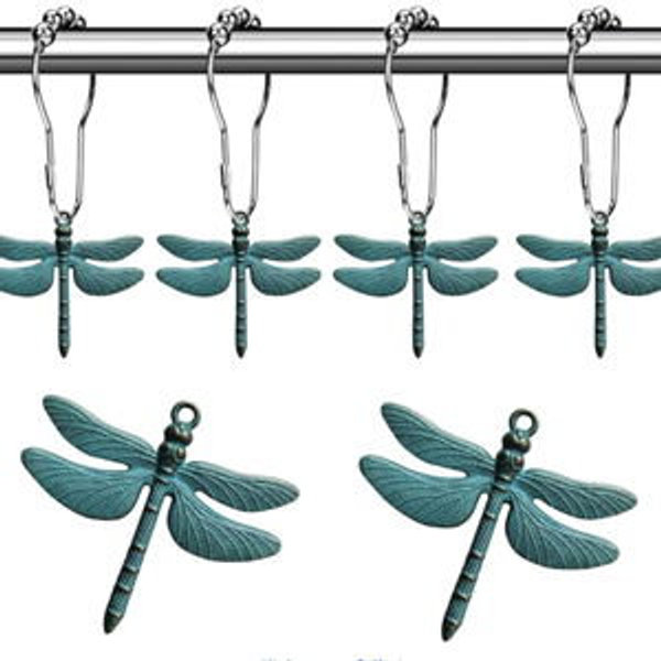 Antique Green Dragonfly Shower Curtain Hooks - Decorative Shower Hooks for Shower Curtain Rust Proof Shower Curtain Rings, Natural Forest Garden Farm Theme Bathroom Decor Accessories Set