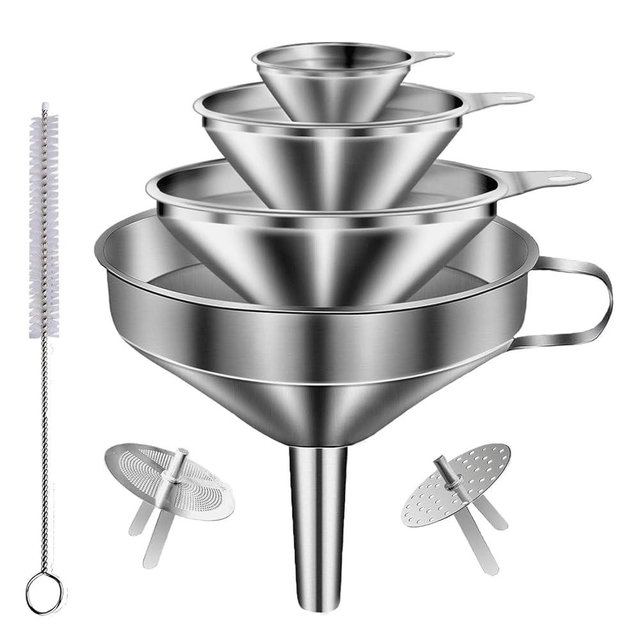 Lmoszuak Stainless Steel Funnels for Kitchen use,4PCS Kitchen Metal Funnel with 2 Removable Strainer,Cleaning Brush.Funnel for Filling Bottles,for Transferring of Liquid,Oils,Jam (5.1",3",2.2",1.8")
