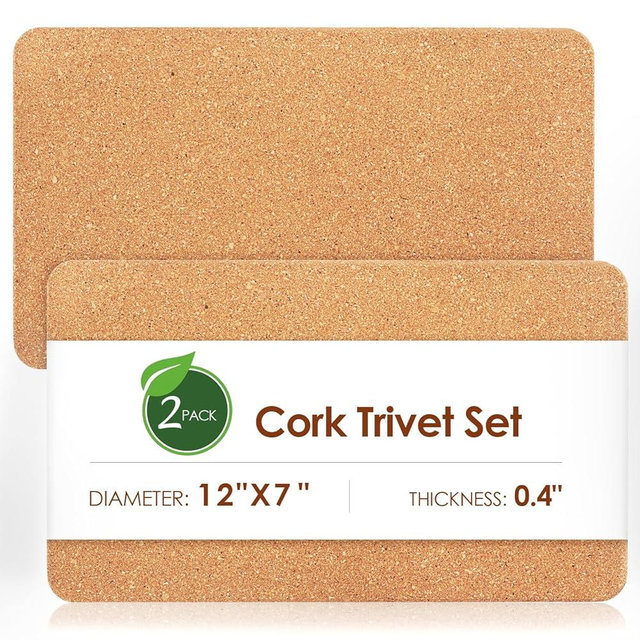 Rectangle Cork Trivets for Hot Dishes, 12" x 7" High-Density Thick Placemats for Pots and Pans, Heat Resistant Hot Pads for Kitchen Countertop Table, 2 Pcs