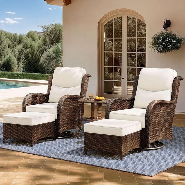 NUSBAY High Back Outdoor Furniture with Extra Thick Cushion Patio Swivel Rocking Chairs, 5PCS Oversized Comfort Wicker Conversation Set for Porch, Deck, Yard in Cream White