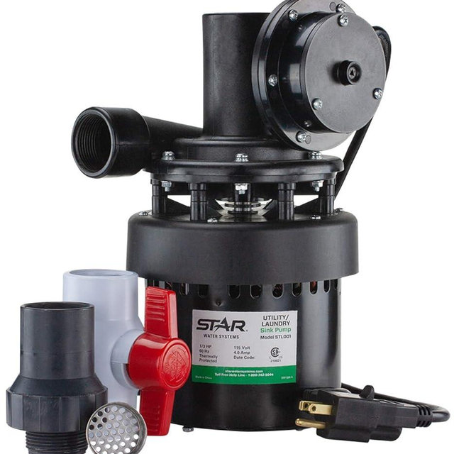 Star STL001 Automatic Utility/Laundry Sink Pump (1/3 HP) Mounts Directly Under Sink Tub, Heavy-Duty Thermoplastic, 115V, Includes Drain Screen, Check Valve & Ball Valve