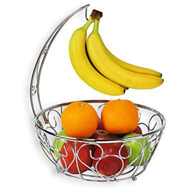 SimpleHouseware Fruit Basket Bowl with Banana Tree Hanger, Chrome Finish