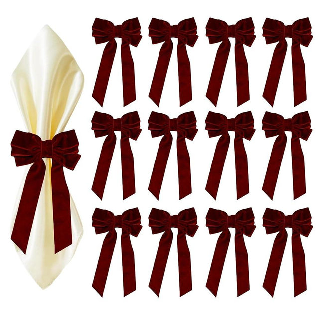Meseey Bow Napkin Rings Set of 12 Luxury Soft Burgundy Velvet Napkin Holders, Elegant Bow Design for Christmas Holiday Dinner Wedding Party Table Decor