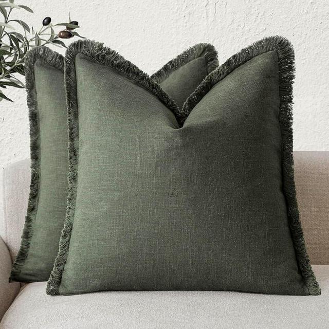 Foindtower Set of 2 Decorative Linen Fringe Throw Pillow Covers Cozy Farmhouse Cushion Cover with Tassels Accent Pillowcase for Couch Chair Sofa Bed Living Room Home Decor,20×20 Inch,Dark Olive Green