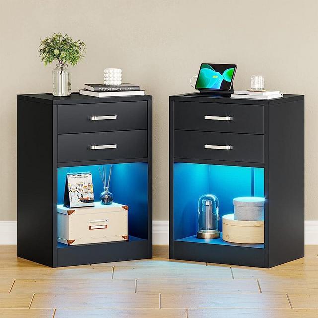 ADORNEVE LED Nightstands Set of 2,Night Stands for Bedrooms Set of 2,Nightstand with Charging Station and LED Lights,Black Bedside Table with Power Outlets & Drawers,Modern End Side Table