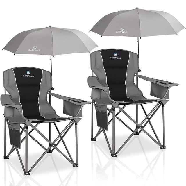 CAMPHILL 2 Pack Oversized Camping Chairs with Adjustable Umbrella-Folding Padded Lawn Chair with Backrest & Comfy Armrest-Heavy Duty for Beach Patio Picnic,Black