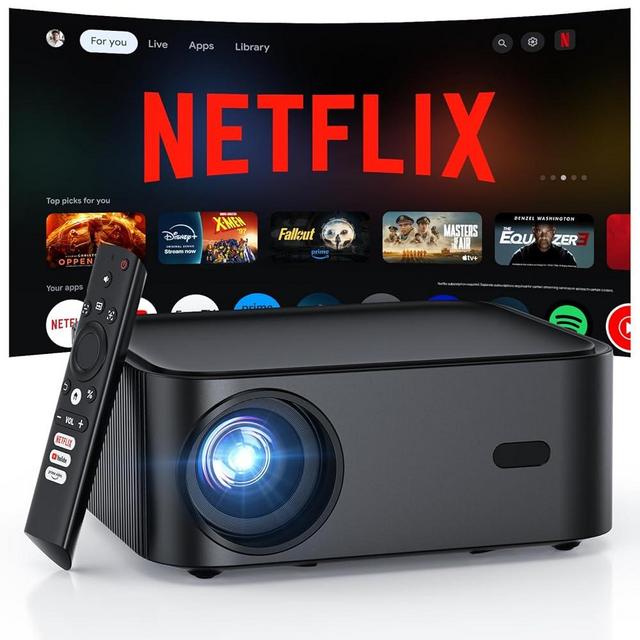 Official Licensed Netflix Smart Projector, HAPPRUN Projector 4K with Wifi and Bluetooth, DoIby Audio, Built-in Apps, Native 1080P 1000ANSI, Electric Focus, Portable Projector for Home Cinema, Bedroom