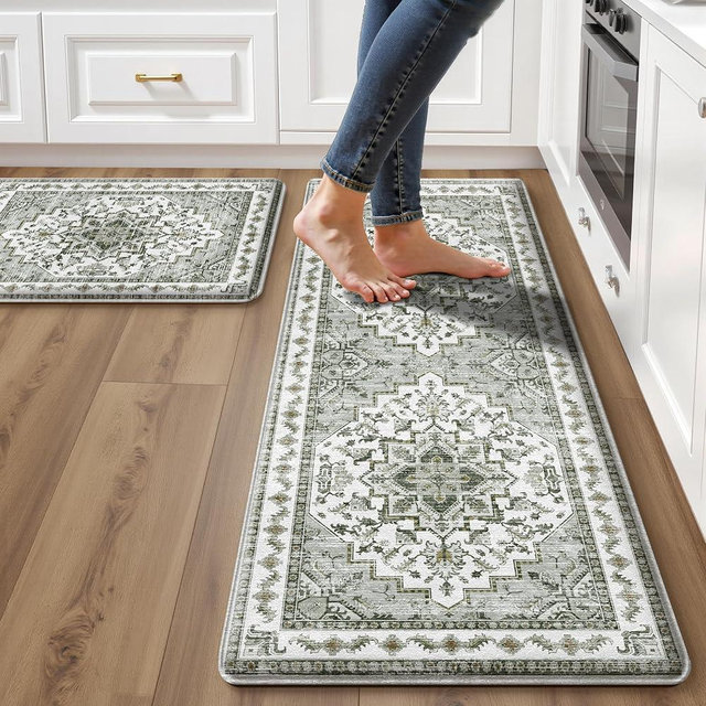 Boho Kitchen Mats for Floor 2 Piece Set Anti Fatigue Cushioned PVC Kitchen Rugs Non Slip Waterproof Farmhouse Mats 2/5 Inch Comfort Standing Mat for Laundry, 17.3"x47"+17.3"x28", Green-Tinted Grey