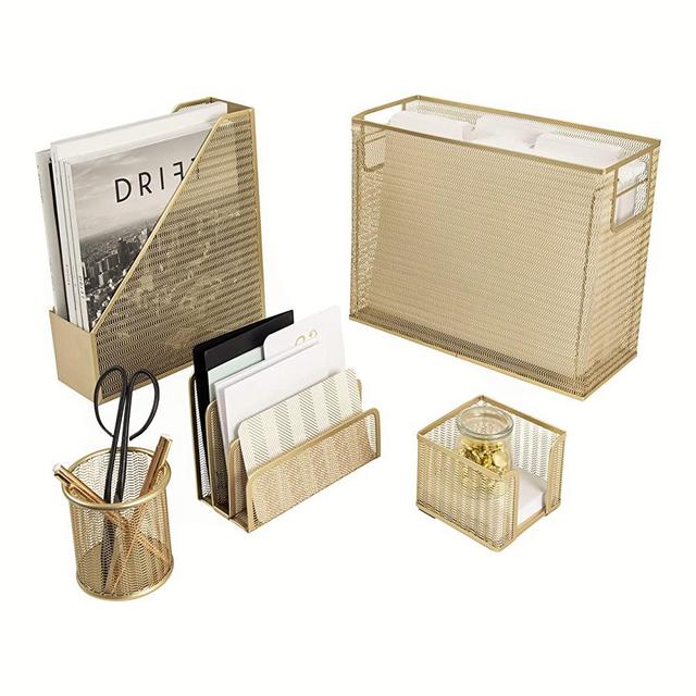 Blu Monaco 5 Piece Cute Office Supplies Gold Desk Organizer Set - with Desktop Hanging File Organizer, Magazine Holder, Pen Cup, Sticky Note Holder, Letter sorter - Gold Desk Accessories