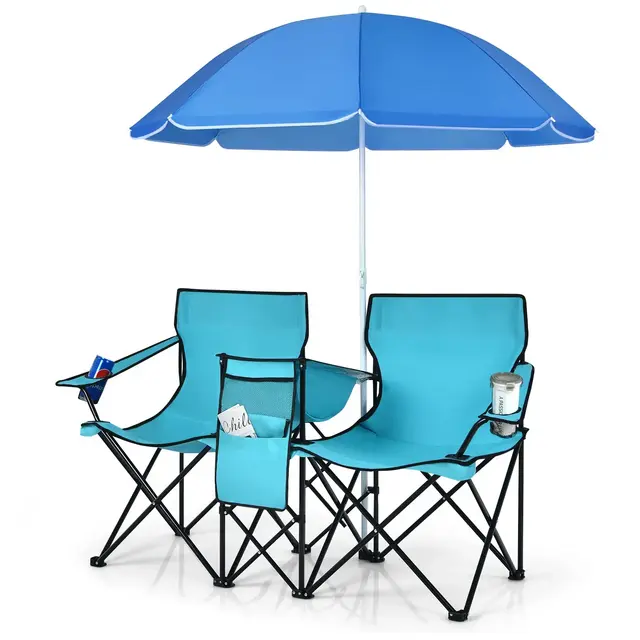 Tangkula Portable Double Camping Chair Folding Picnic Loveseat W/ Removable Adjustable Umbrella Carrying Bag Side Pocket & Cupholder Turquoise
