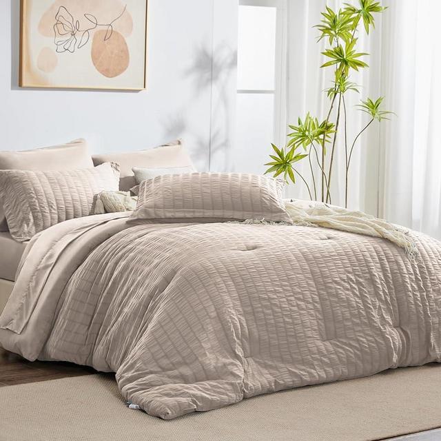 CozyLux King Seersucker Comforter Set with Sheets Oatmeal Bed in a Bag 7-Pieces All Season Bedding Sets with Comforter, Pillow Sham, Flat Sheet, Fitted Sheet, Pillowcase
