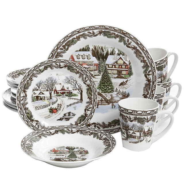 Gibson Home 16pc Stoneware Christmas Toile Dinnerware Set