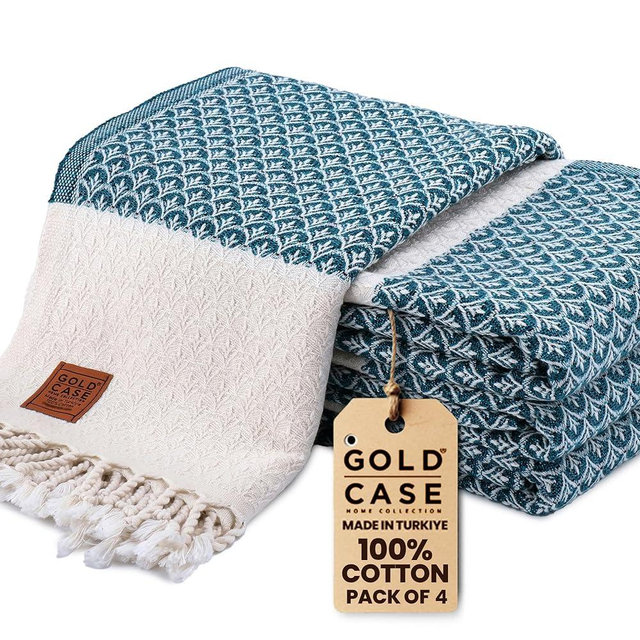 Gold CASE Turkish Beach Towel Set of 4 – 100% Cotton Large Turkish Bath Towels 67 x 38'' – Helen Extra Large, Quick Dry & Sand Free Towels – Peshtemal for Pool – Teal