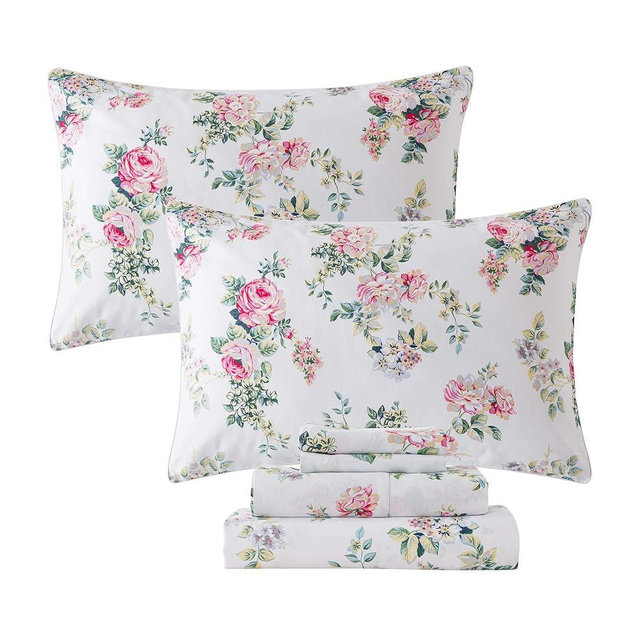 FADFAY Sheets Set Queen Pink Rose Floral Shabby Peony Flower Bed Sheet Set Vintage Farmhouse 100% Cotton Ultra Soft Breathable With Deep Pocket Fitted Sheet 4Pcs, Queen Size