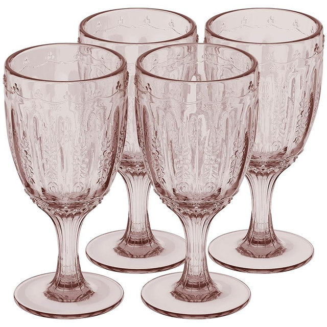 Elle Decor Set of 4 Wine Goblets | Pink Colored Glassware Set | Colored Wine Glasses | Vintage Glassware Sets | Water Goblets for Party, Wedding, & Daily Use | Wine Glass - 10 oz