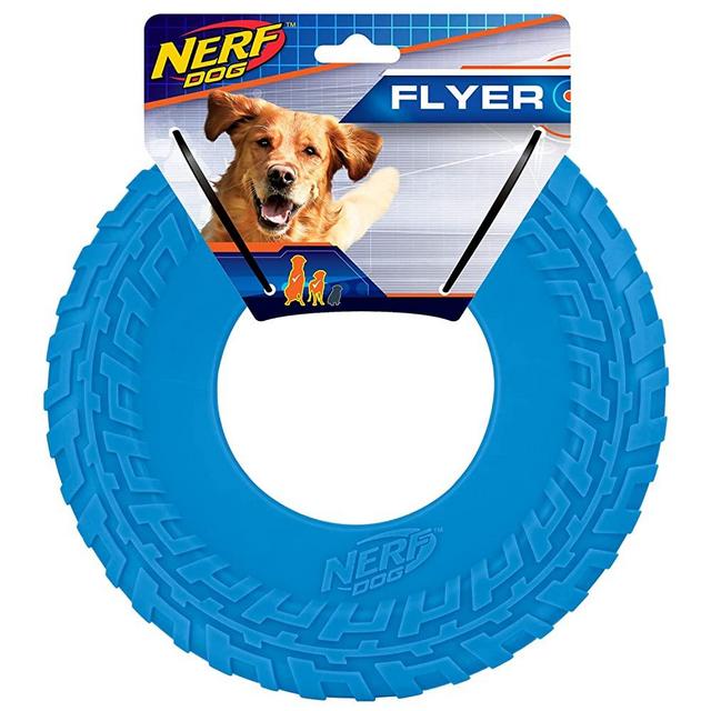 Nerf Dog Rubber Tire Flyer Dog Toy, Frisbee, Lightweight, Durable, Floats in Water, Great for Beach and Pool, 10 Inch Diameter, for Medium/Large Breeds, Single Unit, Blue