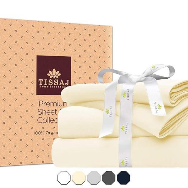 Tissaj Organic Cotton Sheets King Size – Natural – GOTS Certified – Durable Quality – Extra Deep Pockets & Secure Fit – Hotel Quality Sheets – Sateen Weave – with Carry Pouch – Set of 4