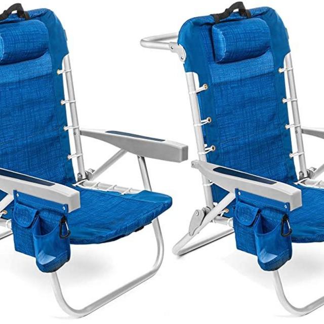 Homevative Folding Backpack Beach Chair with 5 Positions, Towel bar, Cooler Pouch, Storage Pouch, Cup Holder and Phone Holder (Adult - 2 Pack, Blue)