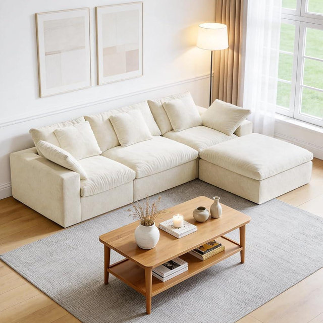 HipyMo 120" L-Shaped Boneless Cloud Couch, Modular Sectional Sofa with Ottoman and Extra-Wide Armrests, Deep Seat Sectional Couches for Living Room, High-Density Foam, No Assembly Required, Beige
