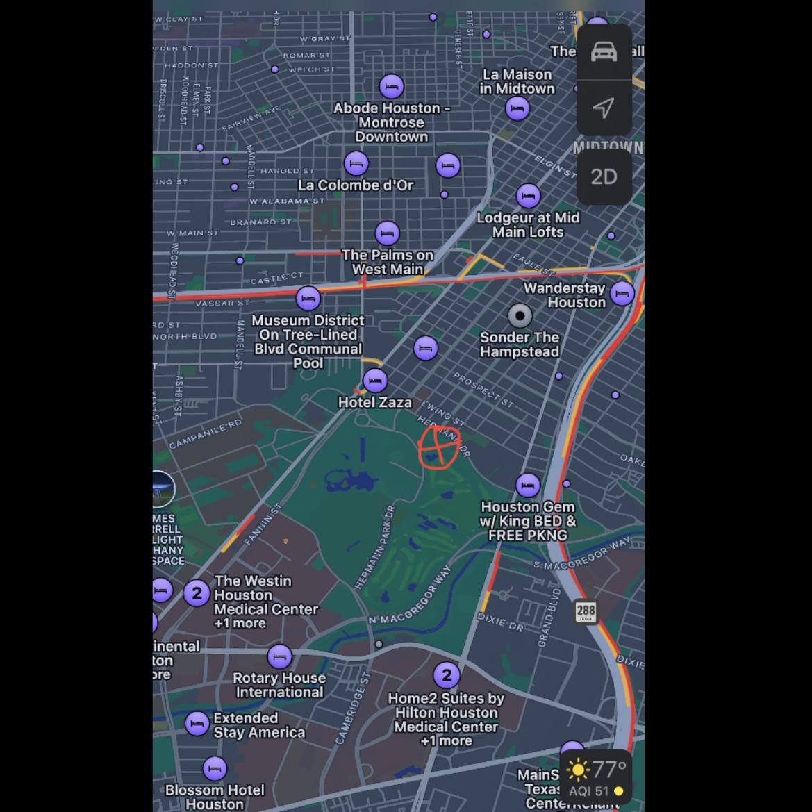 Hotels near ceremony venue. Venue marked with an “X.” Also search “hotels near hermann park.”