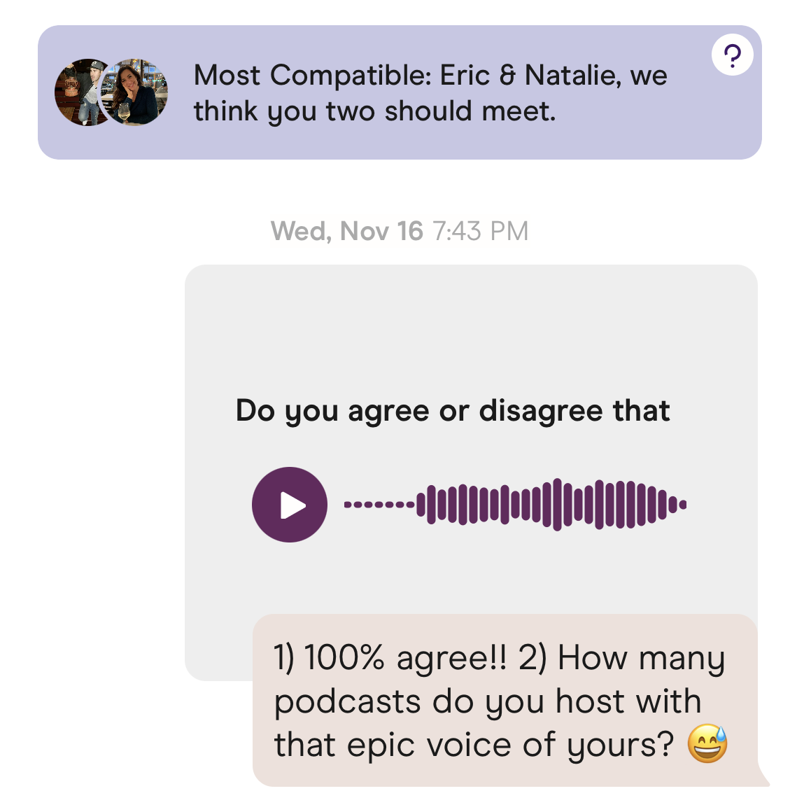 Our first Hinge message!