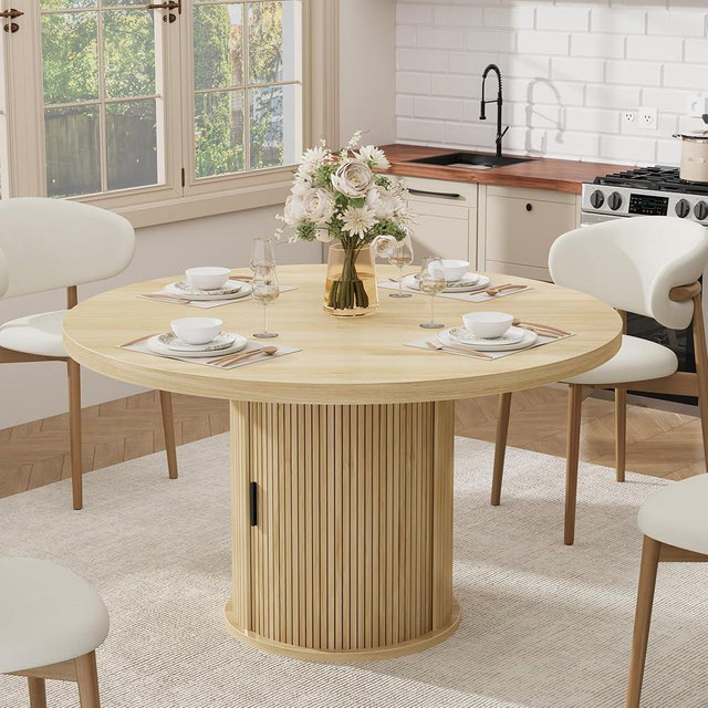 IDEALHOUSE 47" Round Dining Table for 4-6, Modern Farmhouse Kitchen Table with 2-Layer Storage Shelf & Drawer, Wooden Circle Dining Tables with Fluted Pedestal Base, Natural