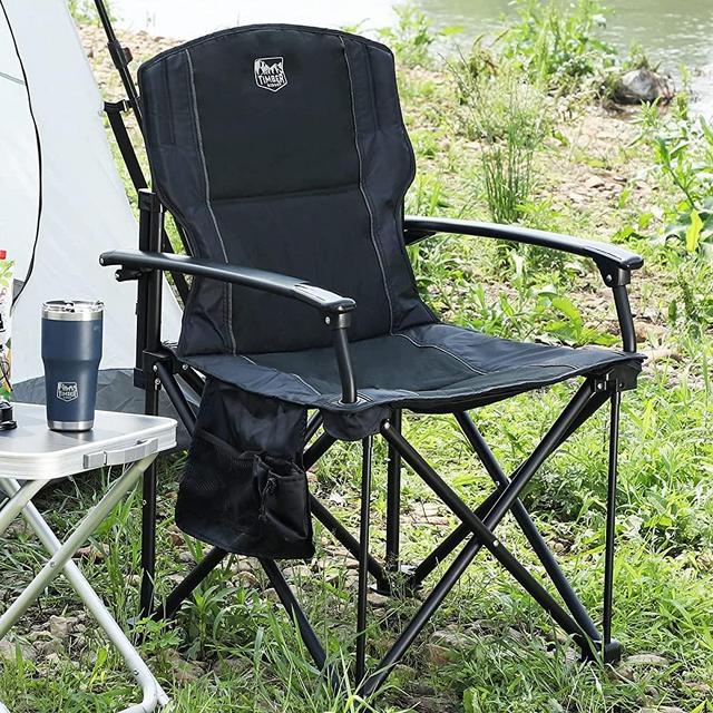 TIMBER RIDGE Folding Camping Chair with Padded Hard Armrest and Cup Holder-for Outdoor, Camp, Fishing, Hiking, Lawn, Including Carry Bag (Black)