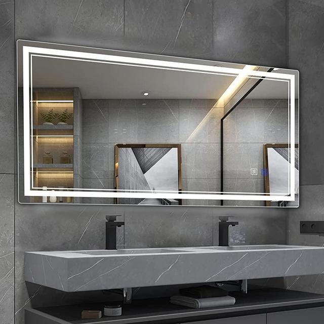 BBE 72x36 Inch LED Bathroom Mirror Wall-Mounted Anti-Fog Makeup Mirror with Dimmable Light and Touch Button(Horizontal/Vertical)