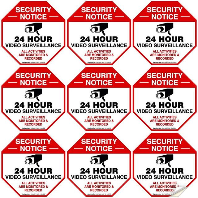 Video Surveillance Sticker, (9 Pack) 3x3 Inches, 4 Mil Vinyl Decal Stickers UV Protected, Long Lasting, Fade Resistant, Indoor/Outdoor Use, Made in USA by Sigo Signs