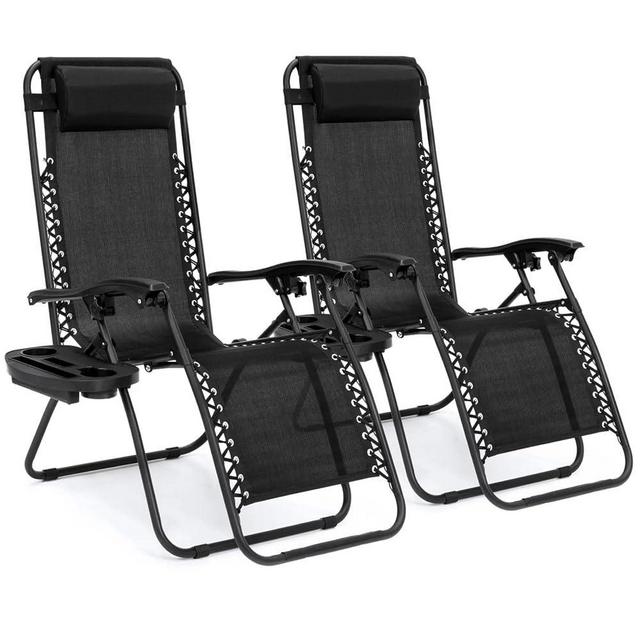 EZONE Zero Gravity Lounge Chairs Outdoor Adjustable Reclining Patio Chair Steel Mesh Folding Recliner for Pool Beach Camping Lounge Chair with Pillows and Cup Tray (2, Black)