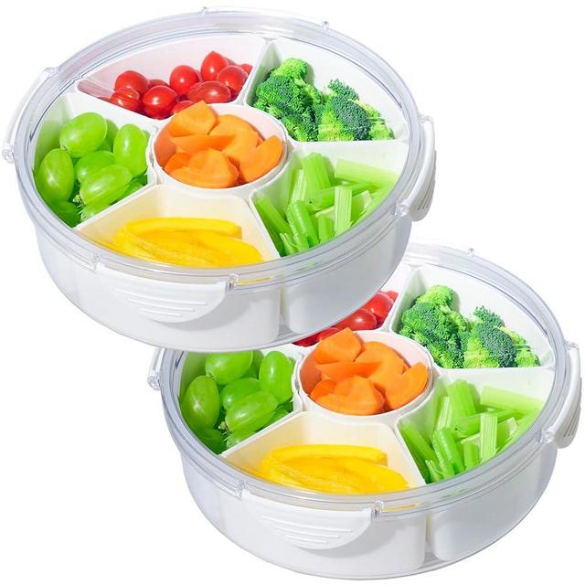 Ornafort 2Pack Veggie Tray With Lid for Fridge Organizer Bins Divided Snackle Box Container with 6 Compartments for Party Serving Platter, Fruit Tray with dip, Snack Storage, Reusable Meal Prep