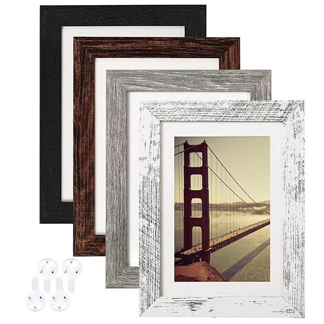 BAIJIALI 5x7 Picture Frame Distressed Farmhouse Wood Pattern Set of 4 with Tempered Glass,Display 4x6 Photos with Mat or 5x7 Without Mat, Horizontal and Vertical Formats for Wall and Table Mounting