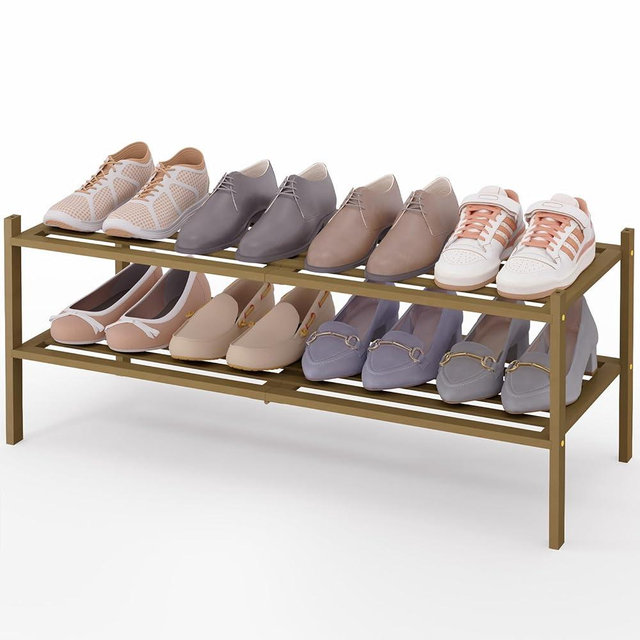 Smiry Long Bamboo Shoe Rack 2-Tier, Stackable Wooden Shoe Organizer for Entryway & Closet, Free Standing Wood Shoe Storage Shelf for Front Door & Small Spaces, Walnut