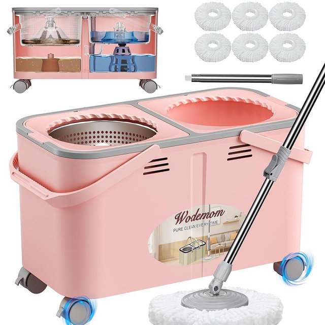 2026 Upgraded Gen 2 Spin Mop and Bucket Set with 4 Swivel Wheels for Easy Rolling, Separates Clean & Dirty Water, Floor Mop with 6 Washable Mop Heads for Wood, Tile, Vinyl, Baseboards - Pink