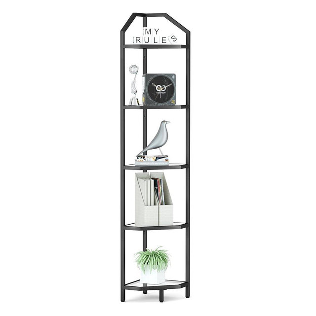 5-Tier Corner Shelf Stand, Black Corner Bookshelf, Bathroom Storage Rack Shelf, Plant Rack, Tempered Glass, Steel Frame, Modern Style for Living Room, Bathroom, Kitchen, Metallic Black