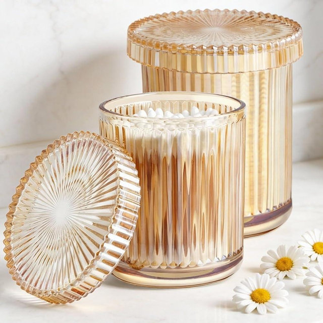 ESEHGS 2 Pack Glass Qtip Holder Dispenser Set - Bathroom Organizer for Cotton Swabs, Balls, Pads, Floss Picks - Clear Apothecary Jars for Vanity, Makeup Storage, Bathroom Accessories Decor (Amber)