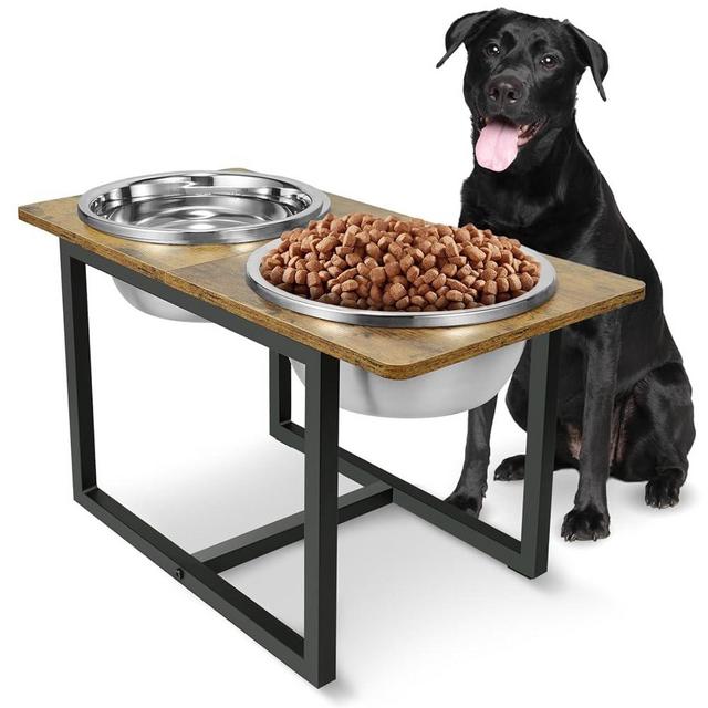 Spacnom Elevated Dog Bowls for Large Dogs, Raised Dog Bowl Stand with Two X-Large Stainless Steel Dog Bowls for Extra Large Dogs, 3.5L Capacity, Rustic Brown