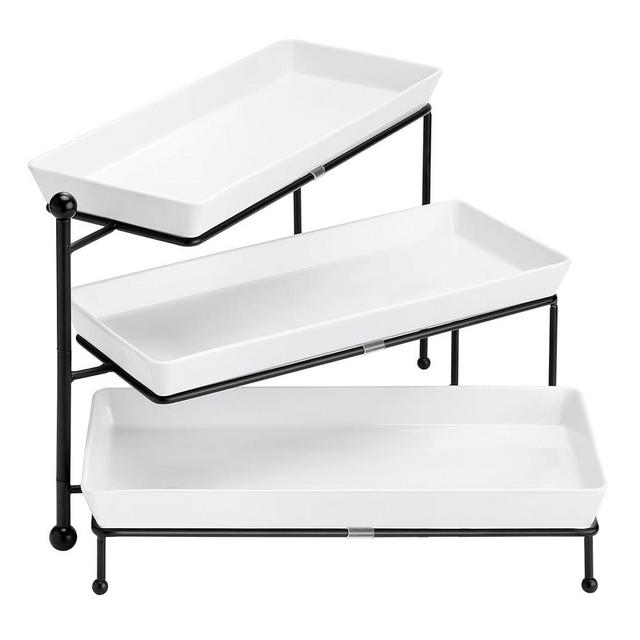 Yedio 3 Tiered Serving Stand, Foldable Rectangular Food Display Stand with White Platters - Serving Trays, Dessert Display Server for Brithday Party, Valentine's Day and Events