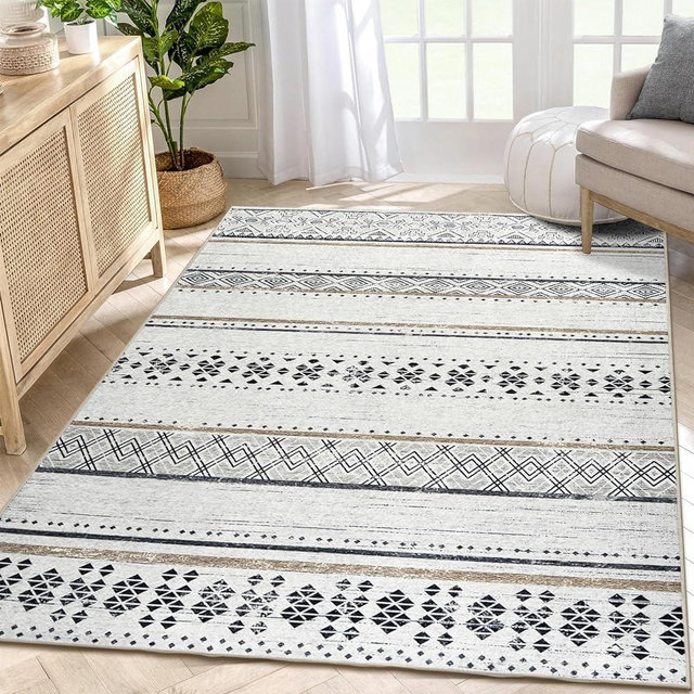 BESTSWEETIE 6x9 Area Rug Washable 6x9 Rug Area Rugs Moroccan Farmhouse Neutral Geometric 6x9 Rug for Living Room Bedroom Low Pile Water Repellent Non-Slip Ultra Soft Faux Wool Black/Brown