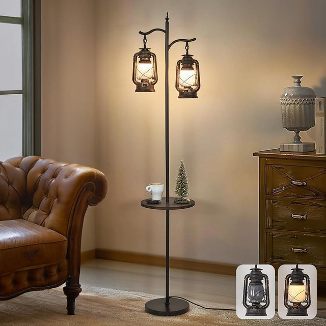 Farmhouse Floor lamp with Table, Double Head Vintage Floor Lantern, Standing lamp for Living Room，Bedroom, Rustic Floor Lamp with Black Brown Finish