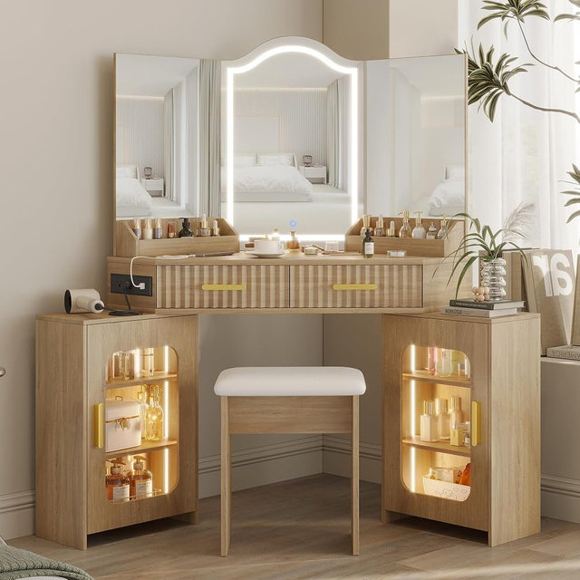 ZKIODV Corner Vanity Desk with 3 Way Mirror & LED Lights, Makeup Table Set with Charging Station, Storage Drawers & Side Cabinets, Modern Bedroom Dressing Table for Women & Girls Birthday Gift