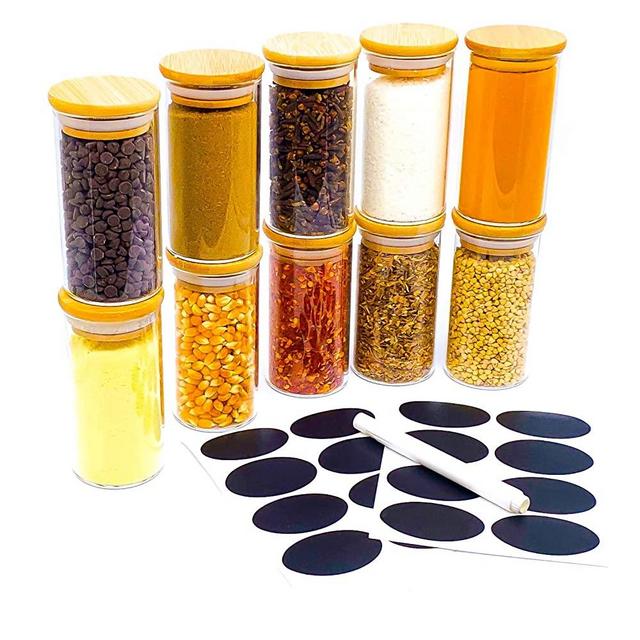 6.7oz (200ml) Glass Spice Jars set of 10, Chalkboard Labels & Pen. Airtight Glass Containers with Bamboo Lid to improve your spice rack home decor or pantry organization.
