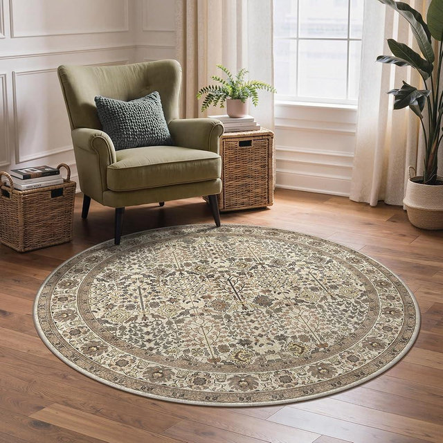 Bavni Round Rug 5ft-Machine Washable Area Rugs Non-Slip for Bedroom, 5x5 Vintage Floral Rug Distressed Throw Carpet for Living Room Nursery Kitchen Bathroom, Dark Espresso