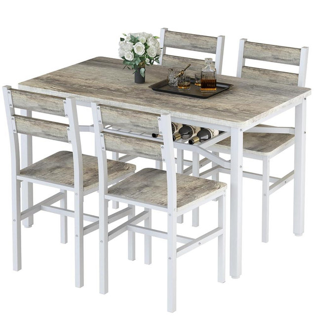 Hooseng Dining Table Set for 4, Wood Kitchen Table Chairs Set with Storage, Farmhouse 5 Piece Dining Room Table Set, Space-Saving Dinette Set for Breakfast Nook, Apartment