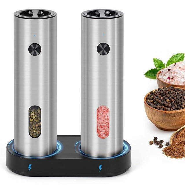Electric Salt and Pepper Grinder- Upgraded 110ml Larger Capacity Electric Saltand Pepper Grinder Set with Rechargeable Base with LED Light & 5 Adjustable Coarseness, Ideal for Kitchen, Outdoor, BBQ