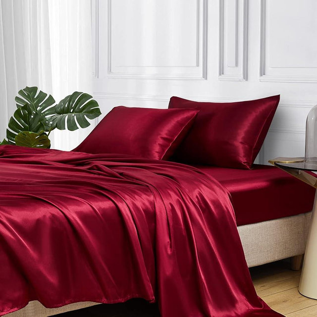 MR&HM Satin Bed Sheets, King Size Sheets Set, 4 Pcs Silky Bedding Set with 15 Inches Deep Pocket for Mattress (King, Burgundy)