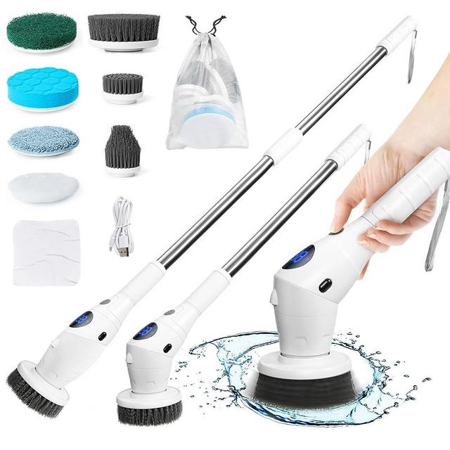 Electric Spin Scrubber, Cordless Cleaning Brush with 8 Replaceable Brush Heads and Extension Handle and 3 Speeds for Bathroom, Toilet, Tile, Floor, Window, Car