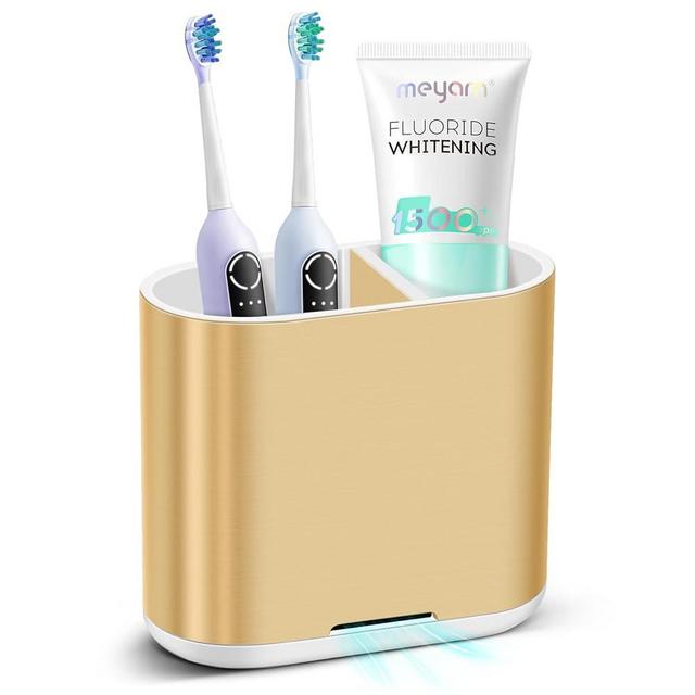 Chintu Toothbrush and Toothpaste Holder with Divider for Bathroom Countertop Organizer, Detachable for Easy Clean,Kids Electric Toothbrush Holders Storage Caddy for Family (Gold)