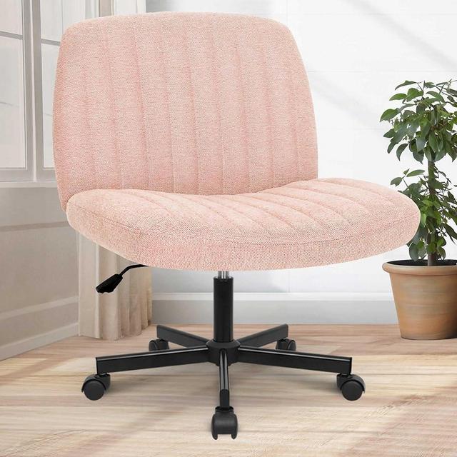 Orange Factory Criss Cross Legged Armless Desk Reading Chair with Wheels Swivel Modern Ergonomic Vanity Bedroom Adjustable Wide Comfy Computer Gaming Chairs for Home Office (Pink)