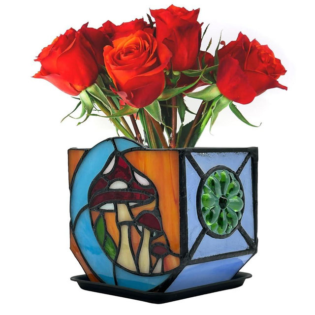 Entlityful Stained Glass Moon Mushroom Planter, Indoor Decorative Plant Pot with Drainage, Mushroom gifts4.6x3x5.15 Inches